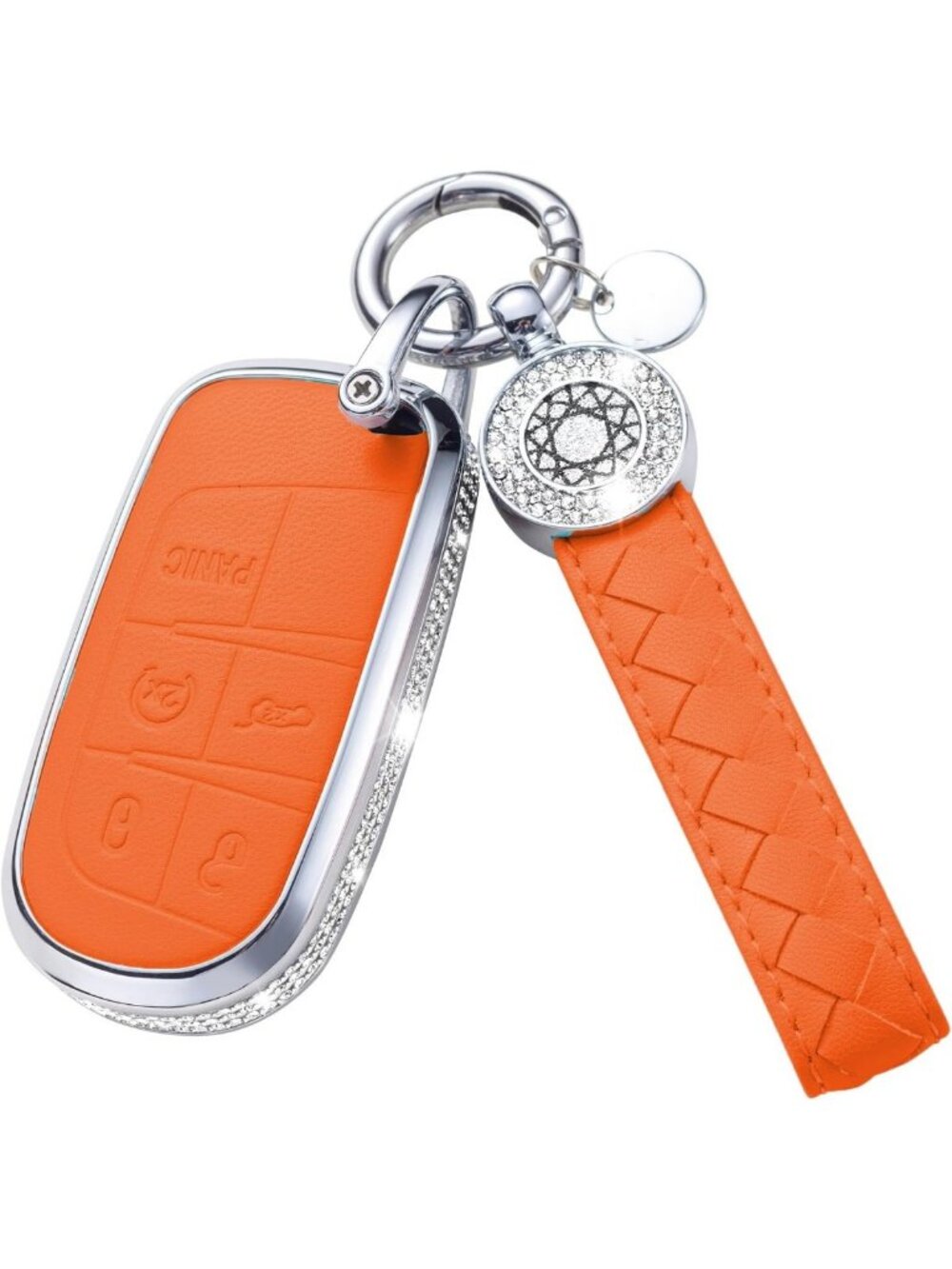 Stylish Orange Leather Key Fob Cover with Rhinestones & Keychain - Jeep & Dodge